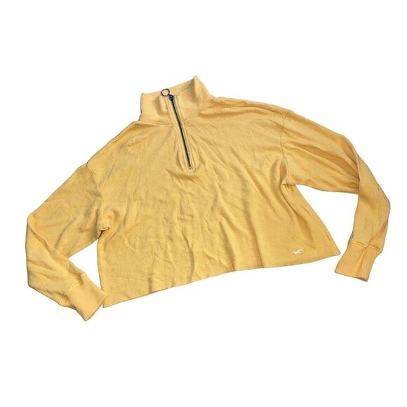 Hollister Cropped Waffle Knit Quarter Zip Womens Yellow XS Oversized Boyfriend - Picture 1 of 16